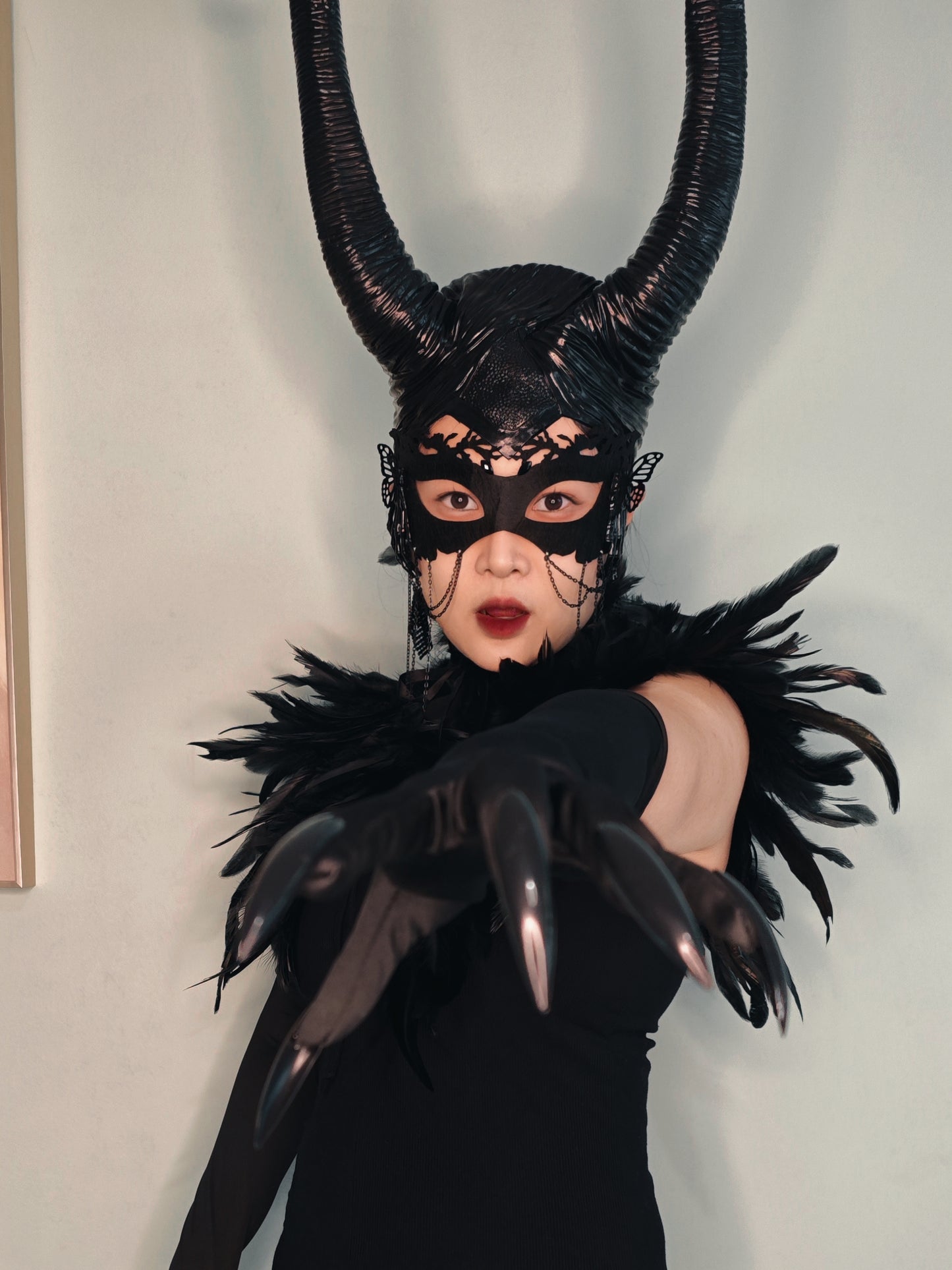 Gothic Costume Set: Feather Shawl, Horns, Lace Mask, Choker, Claw Gloves and Earrings