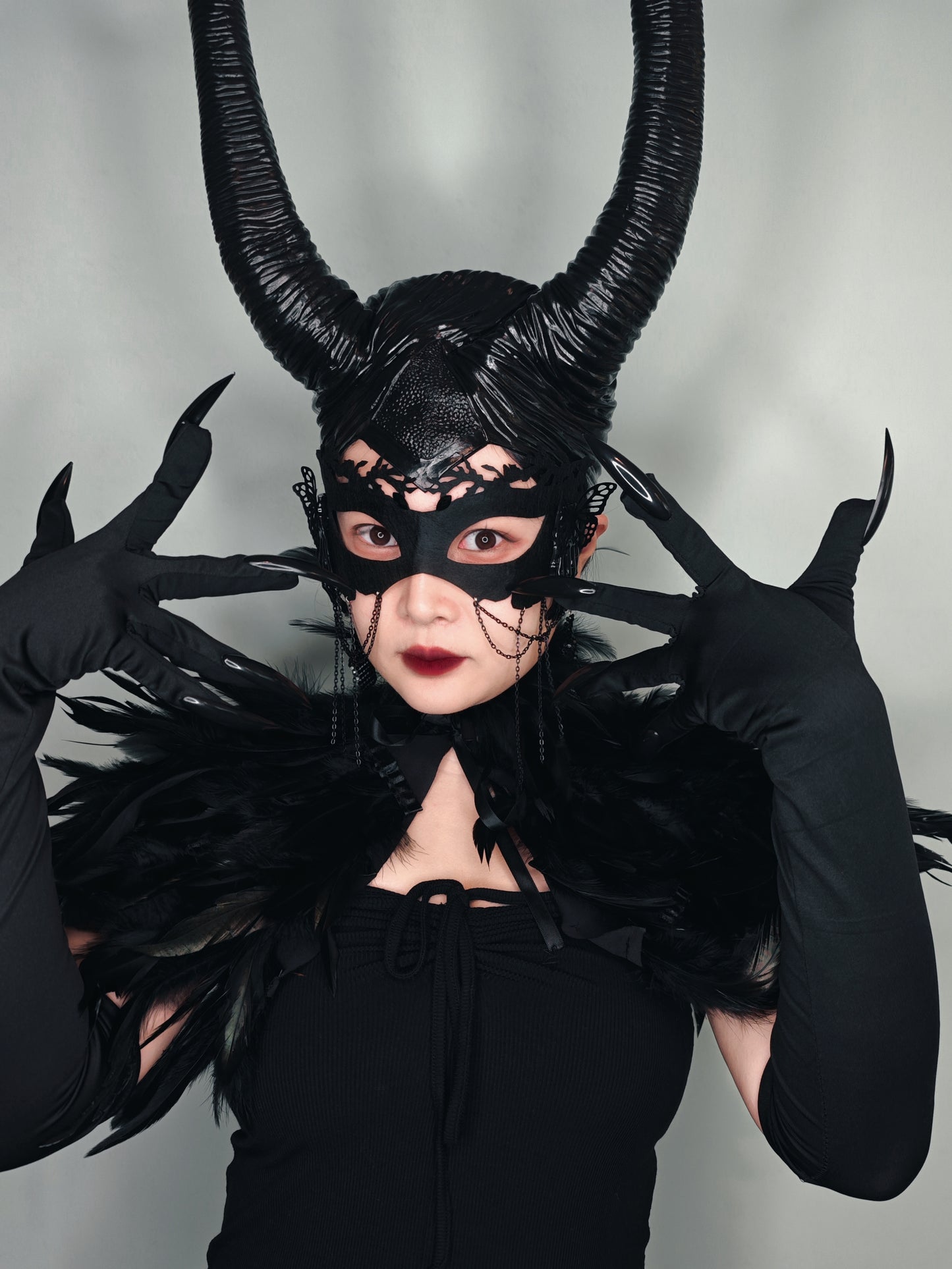 Gothic Costume Set: Feather Shawl, Horns, Lace Mask, Choker, Claw Gloves and Earrings