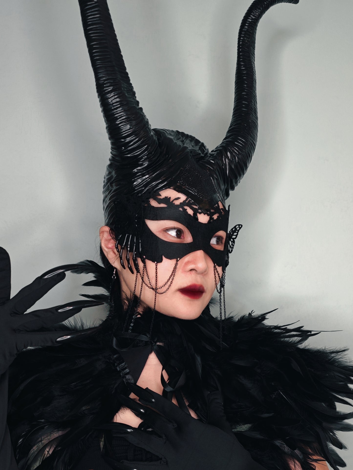 Gothic Costume Set: Feather Shawl, Horns, Lace Mask, Choker, Claw Gloves and Earrings