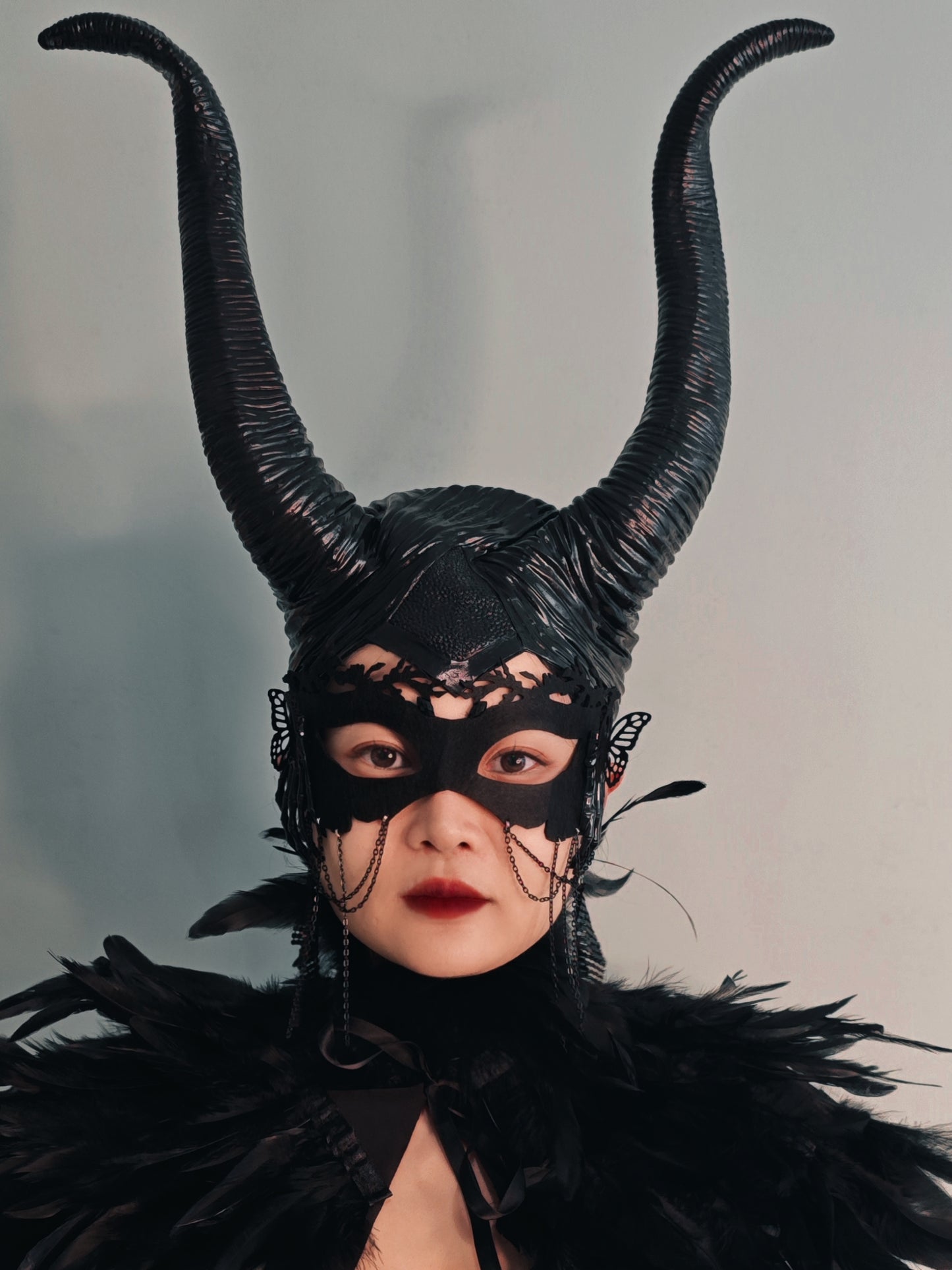 Gothic Costume Set: Feather Shawl, Horns, Lace Mask, Choker, Claw Gloves and Earrings