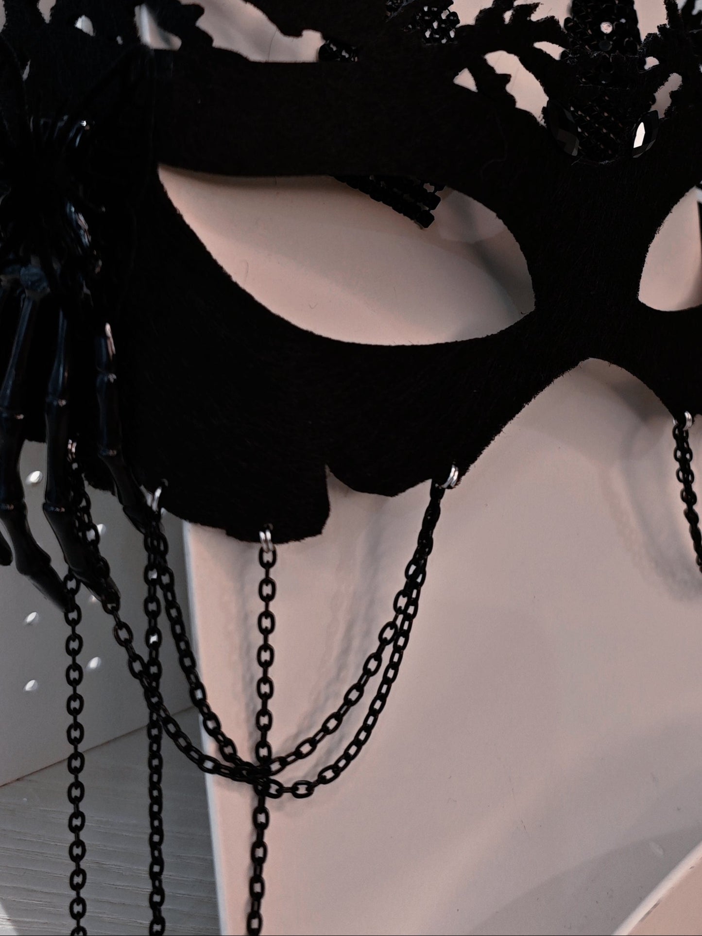 Gothic Costume Set: Feather Shawl, Horns, Lace Mask, Choker, Claw Gloves and Earrings