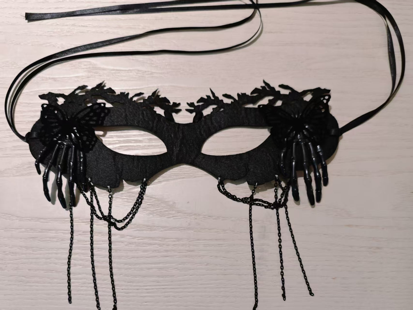 Gothic Costume Set: Feather Shawl, Horns, Lace Mask, Choker, Claw Gloves and Earrings