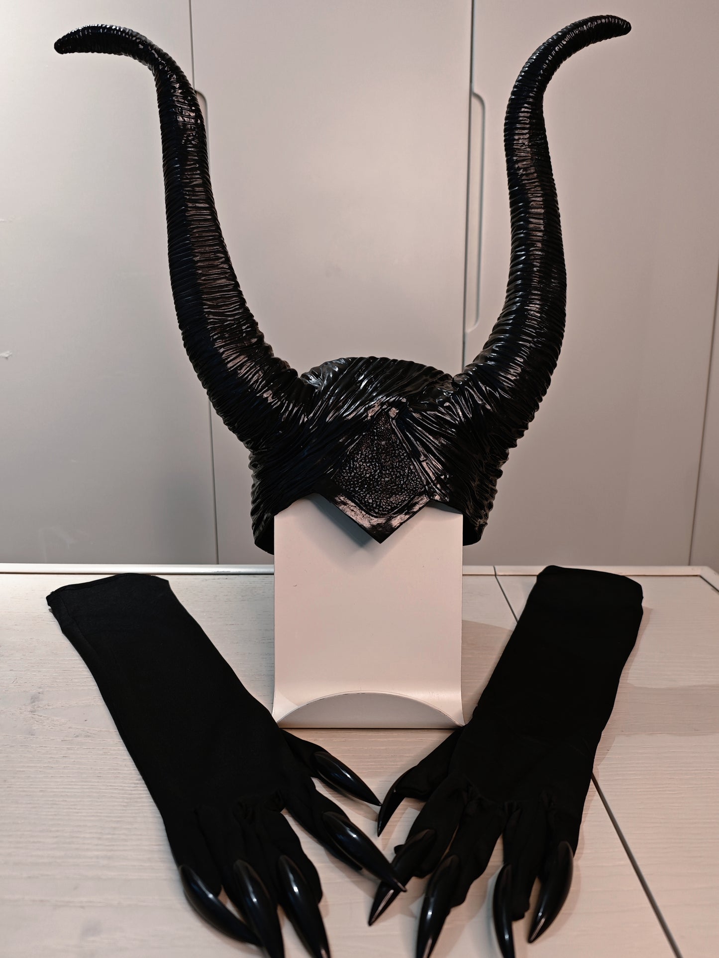 Gothic Costume Set: Feather Shawl, Horns, Lace Mask, Choker, Claw Gloves and Earrings