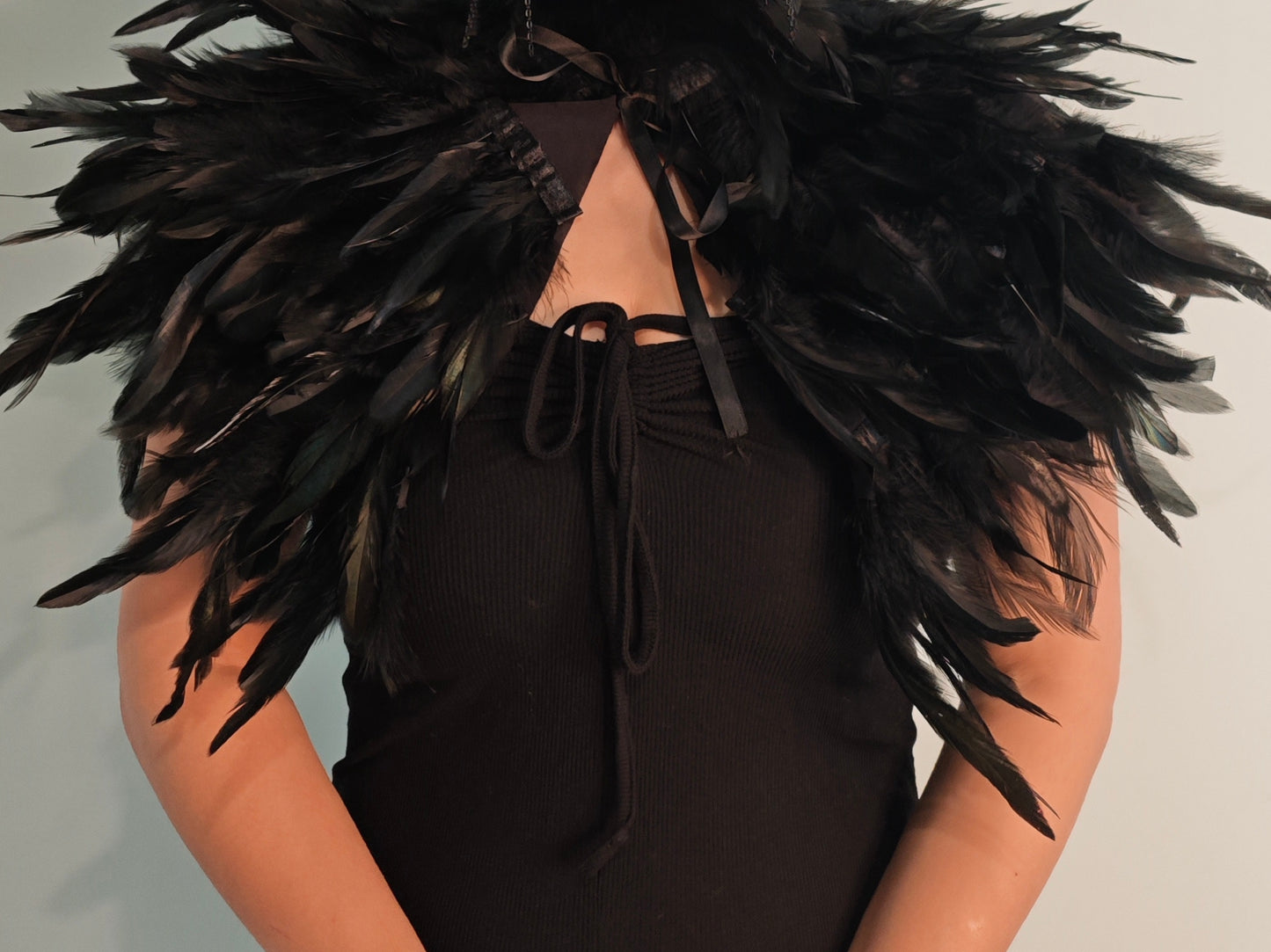 Gothic Costume Set: Feather Shawl, Horns, Lace Mask, Choker, Claw Gloves and Earrings