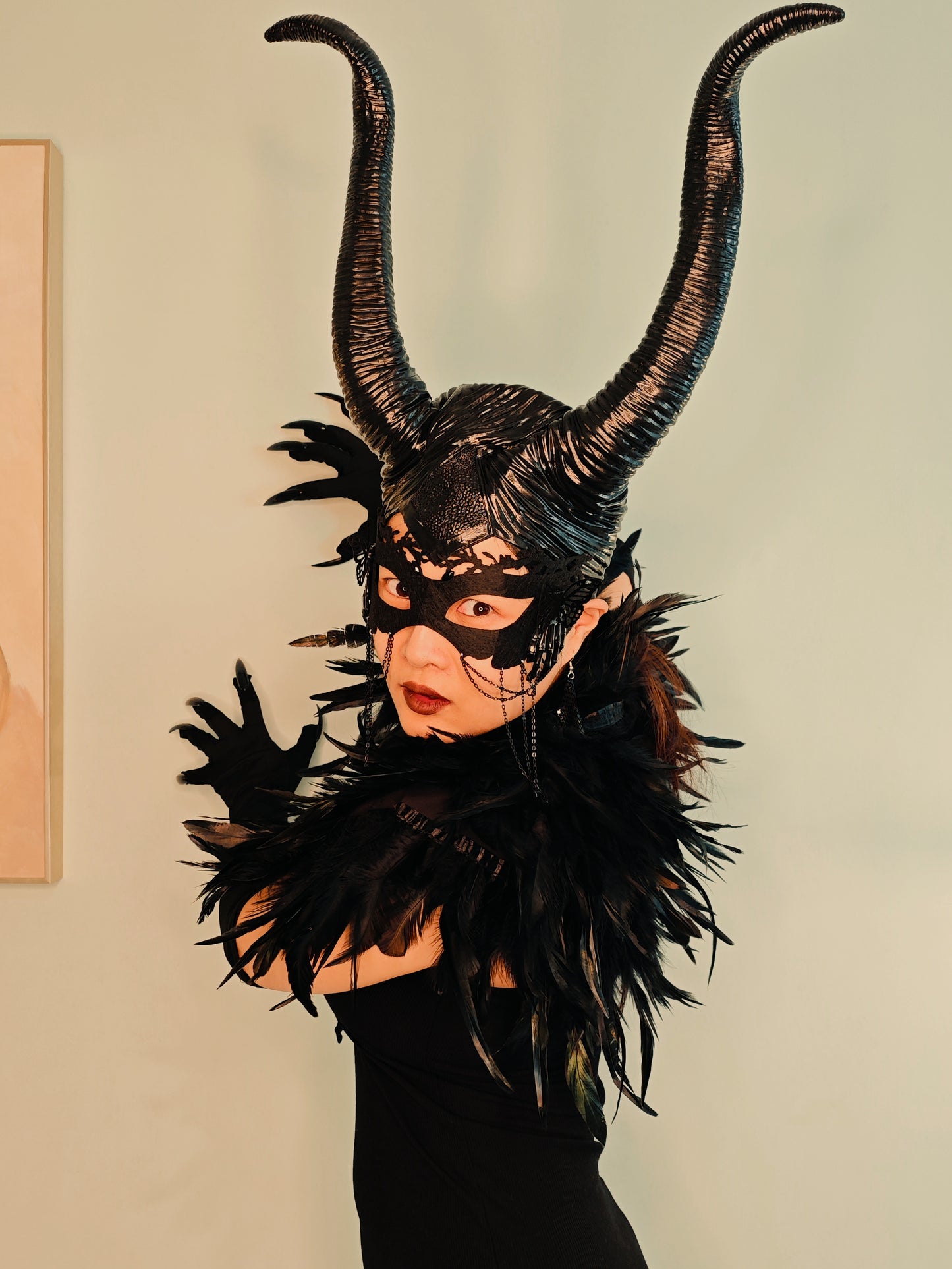 Gothic Costume Set: Feather Shawl, Horns, Lace Mask, Choker, Claw Gloves and Earrings