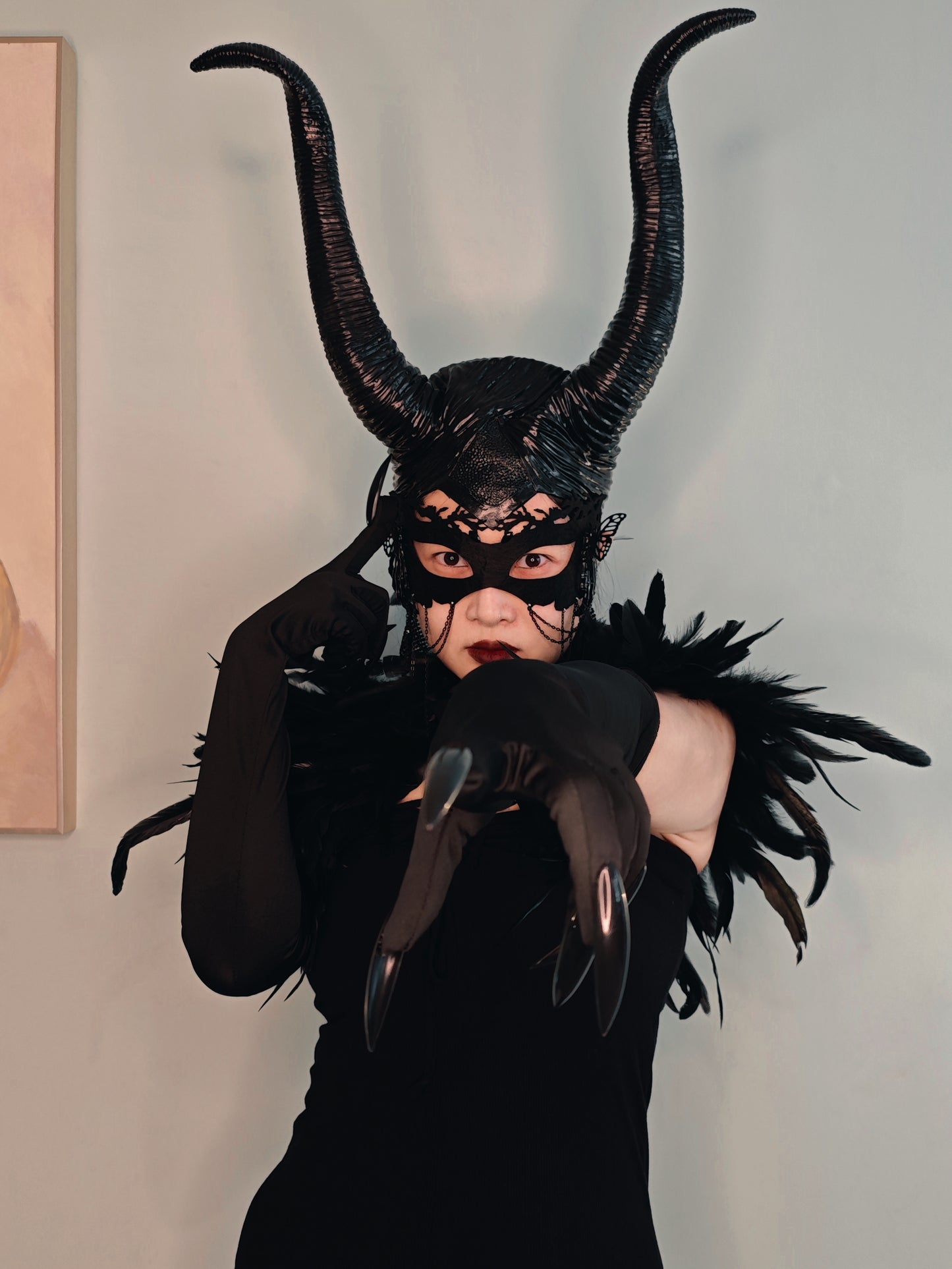 Gothic Costume Set: Feather Shawl, Horns, Lace Mask, Choker, Claw Gloves and Earrings
