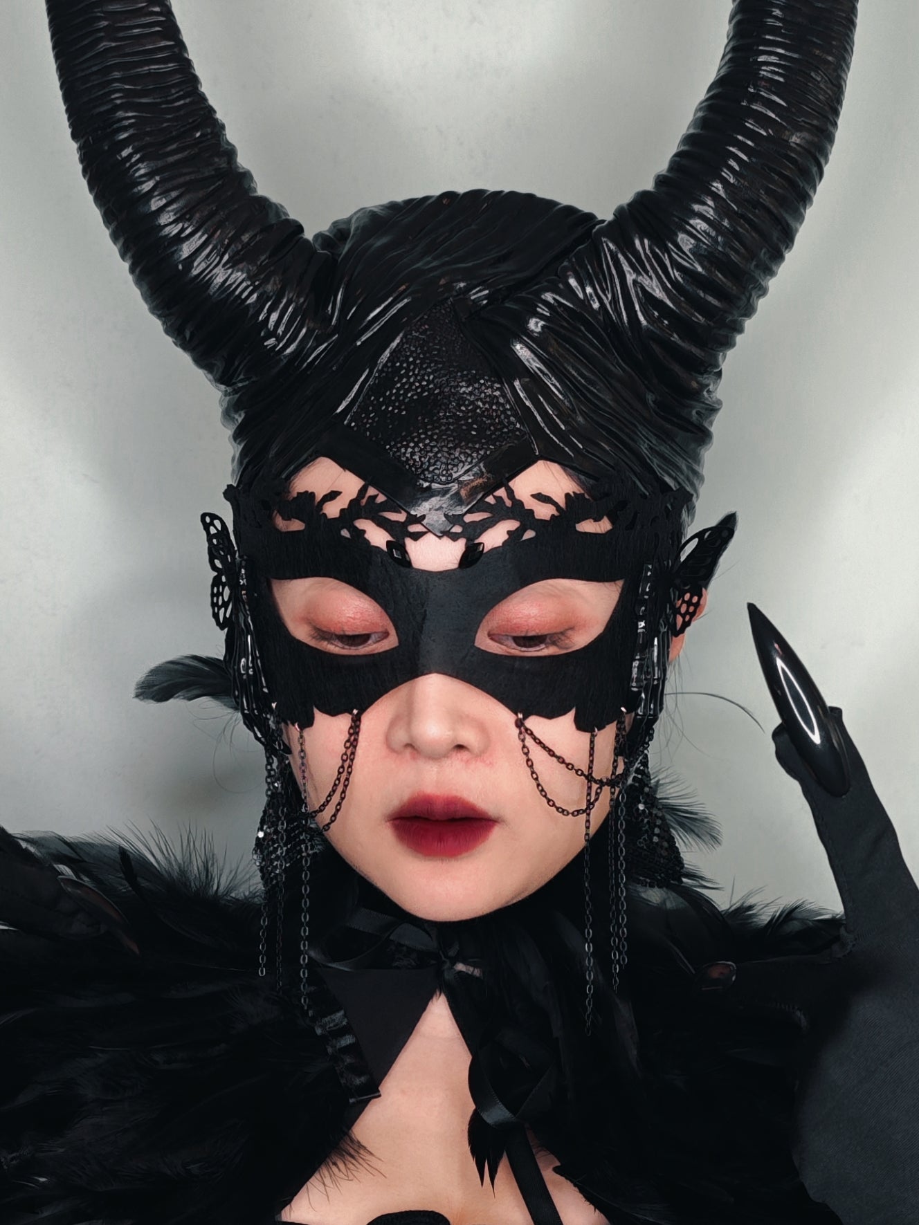 Gothic Costume Set: Feather Shawl, Horns, Lace Mask, Choker, Claw Gloves and Earrings