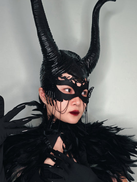 Gothic Costume Set: Feather Shawl, Horns, Lace Mask, Choker, Claw Gloves and Earrings