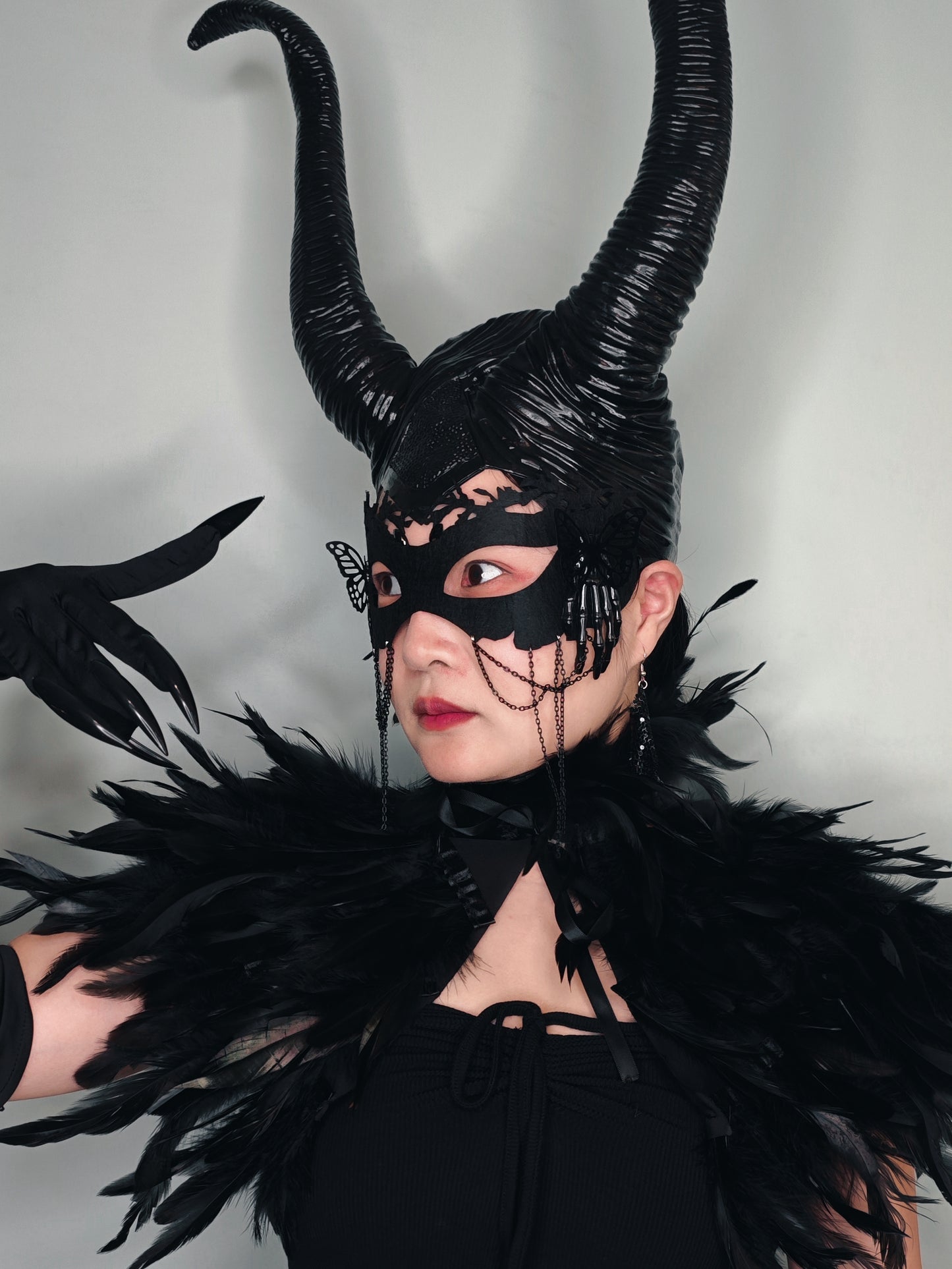 Gothic Costume Set: Feather Shawl, Horns, Lace Mask, Choker, Claw Gloves and Earrings